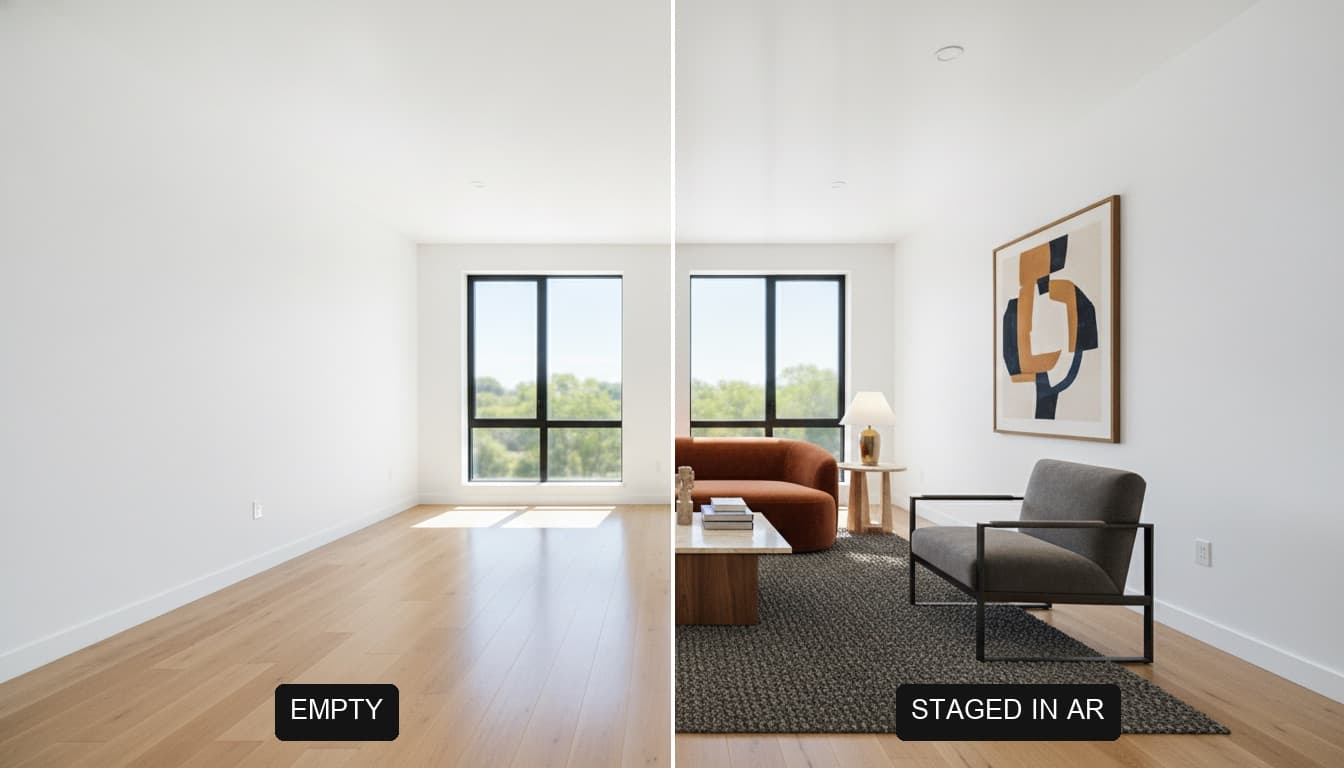 Side-by-side of an empty room and the same room furnished through AR staging on a phone