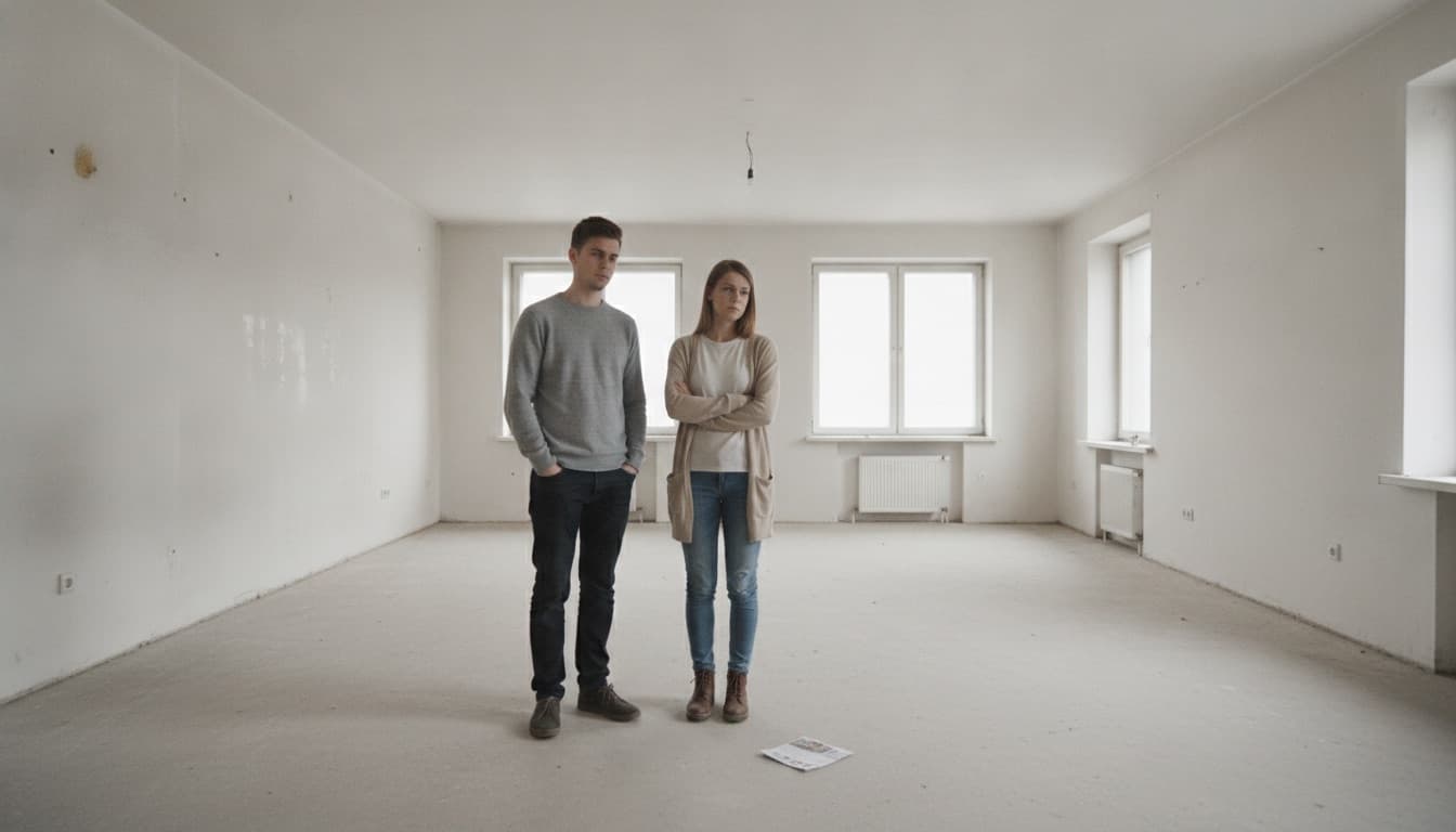 Buyers standing in an empty apartment looking underwhelmed after seeing staged listing photos