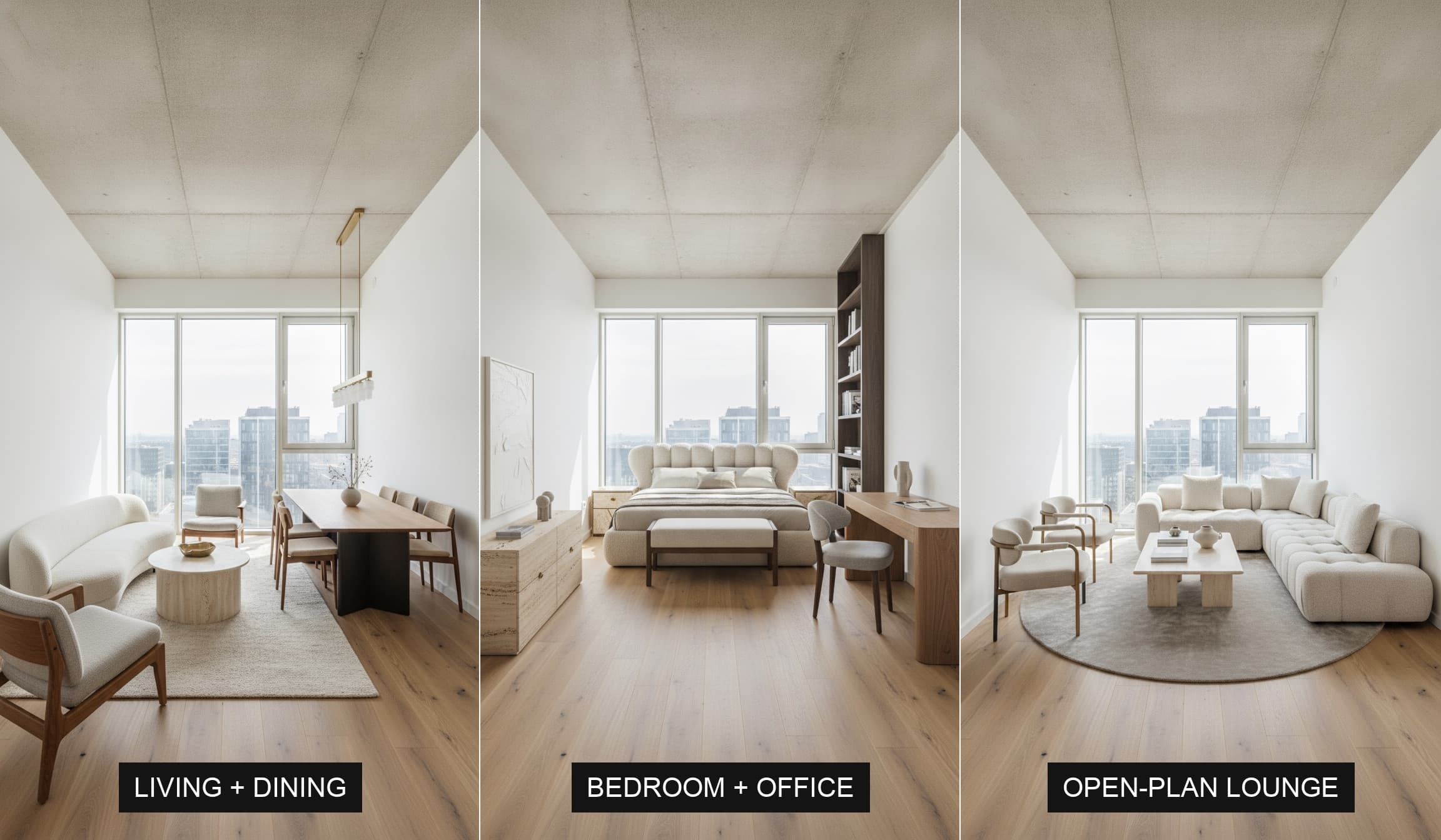 The same new-development room shown as three different furnished layouts in AR on three phones