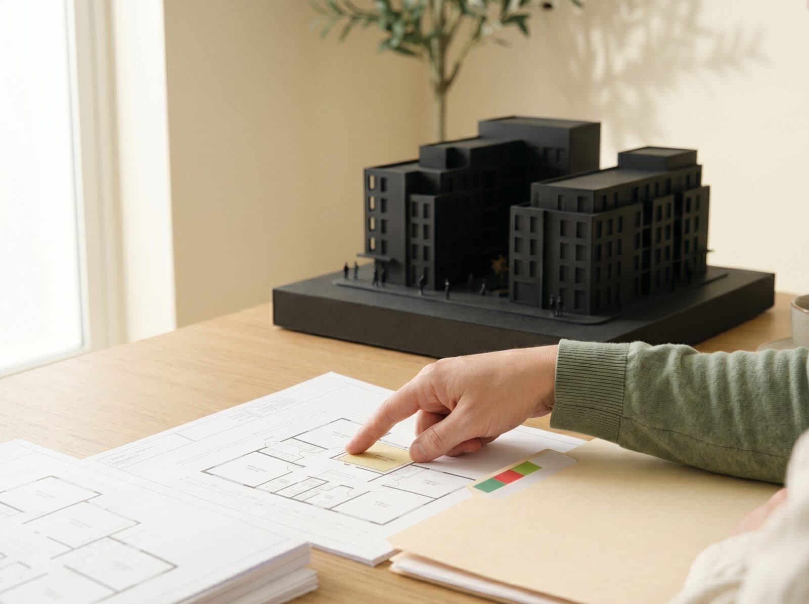 Reviewing a building's floor plans alongside an architectural model on a desk