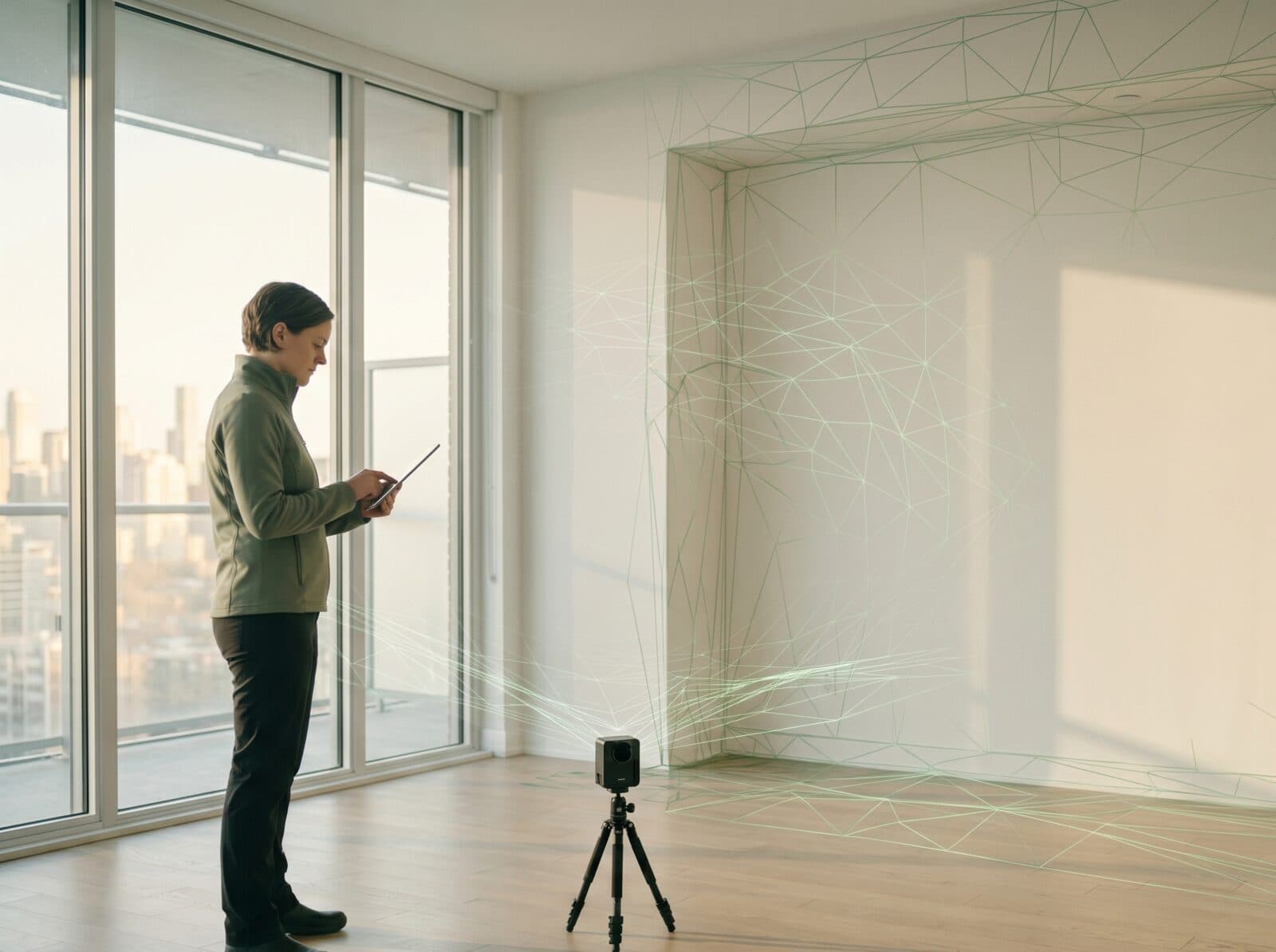 Technician scanning an empty apartment with an iPad and tripod LiDAR scanner, wireframe overlay