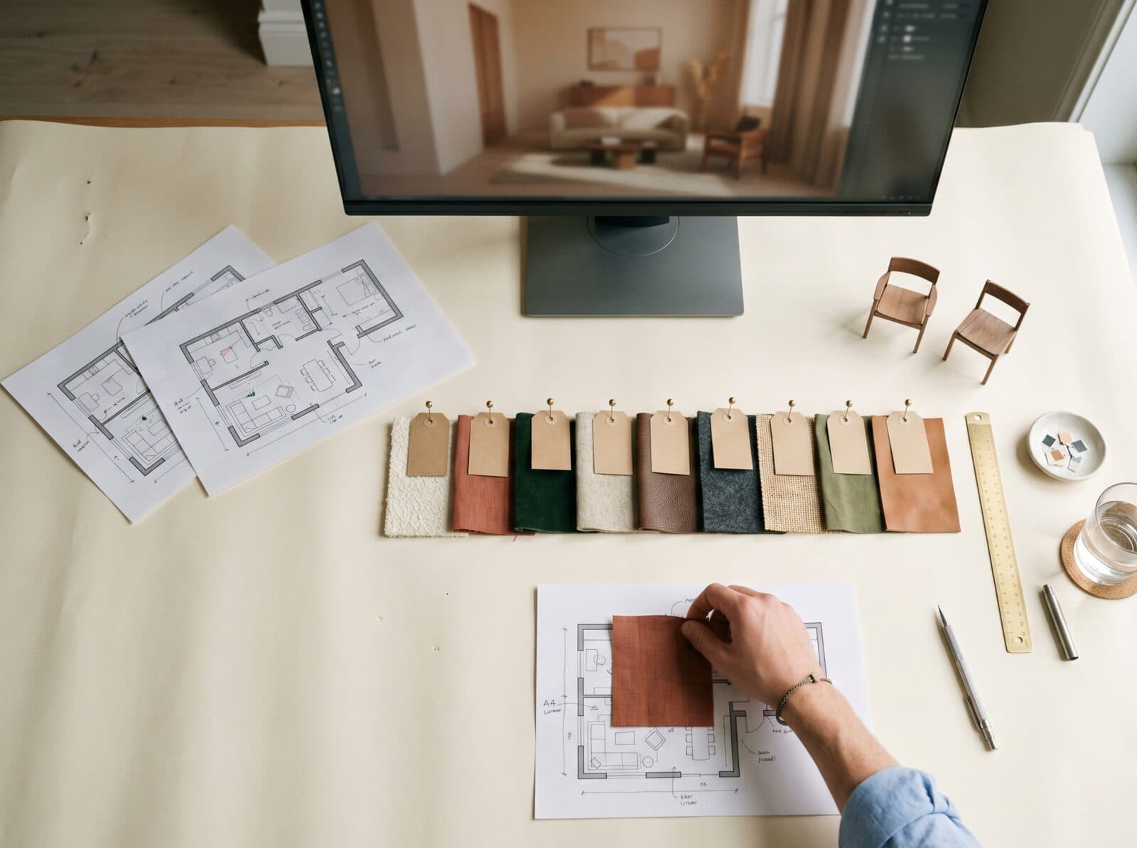 Designer placing a fabric swatch on a floor plan, swatch lineup and a staged interior rendered on the monitor