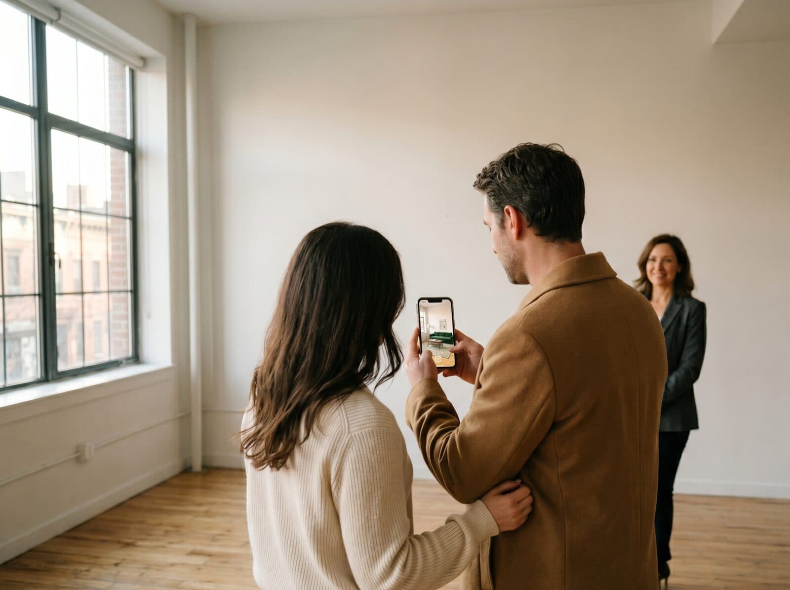 Couple touring an empty unit on a phone while a broker stands nearby
