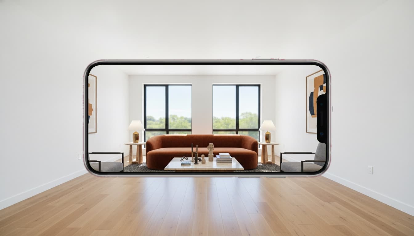 AR staging: a phone held up in an empty room shows the same room fully furnished at full scale