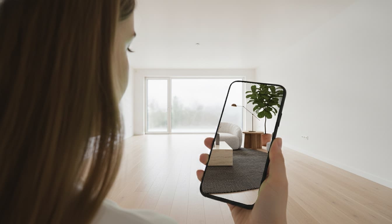 A person holds up a phone in an empty apartment; the phone screen shows the same room furnished with an armchair, side table, and plant in AR at full scale