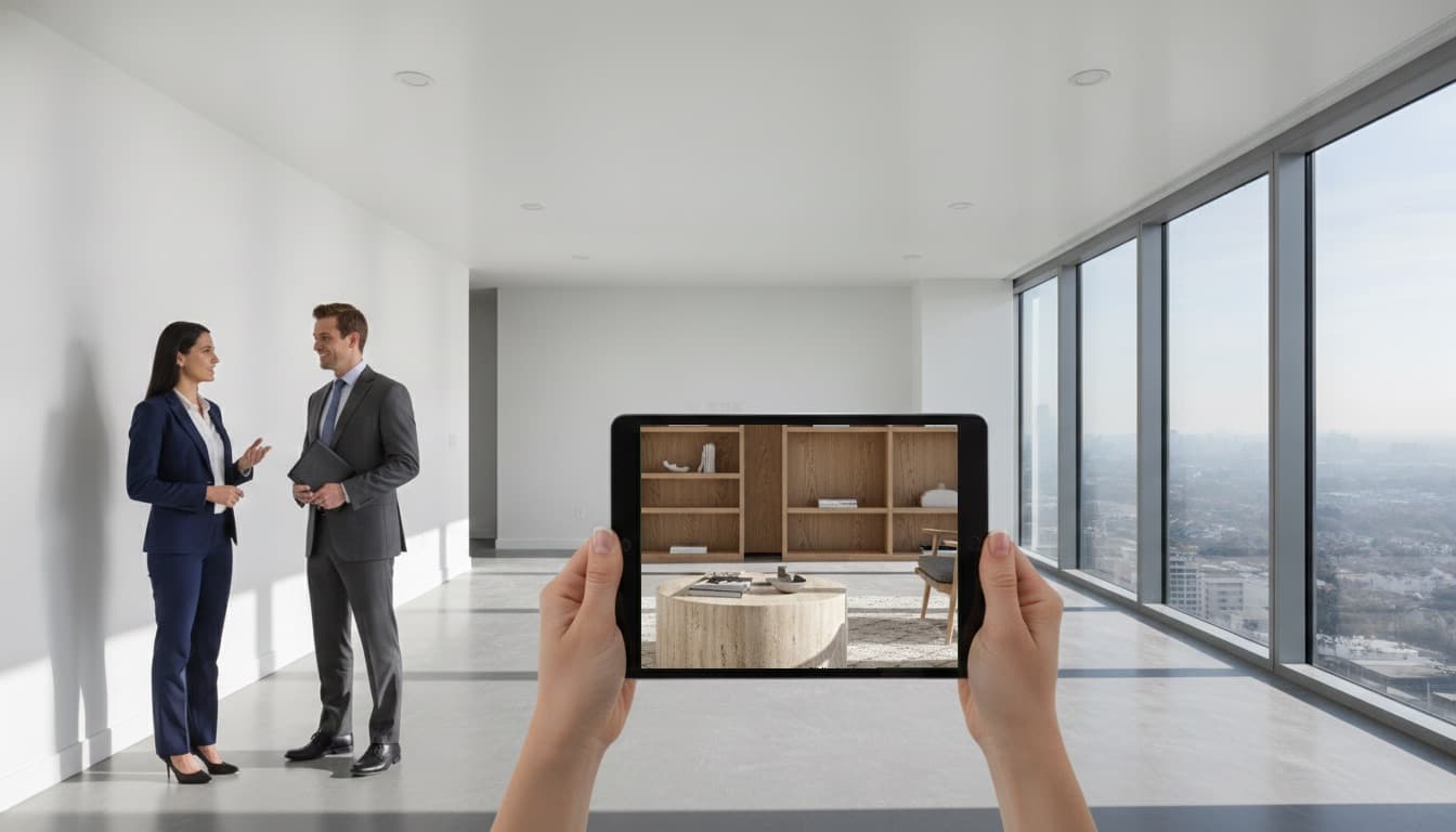 AR staging for new developments: an agent shows a buyer an empty new-construction unit furnished in AR on a tablet