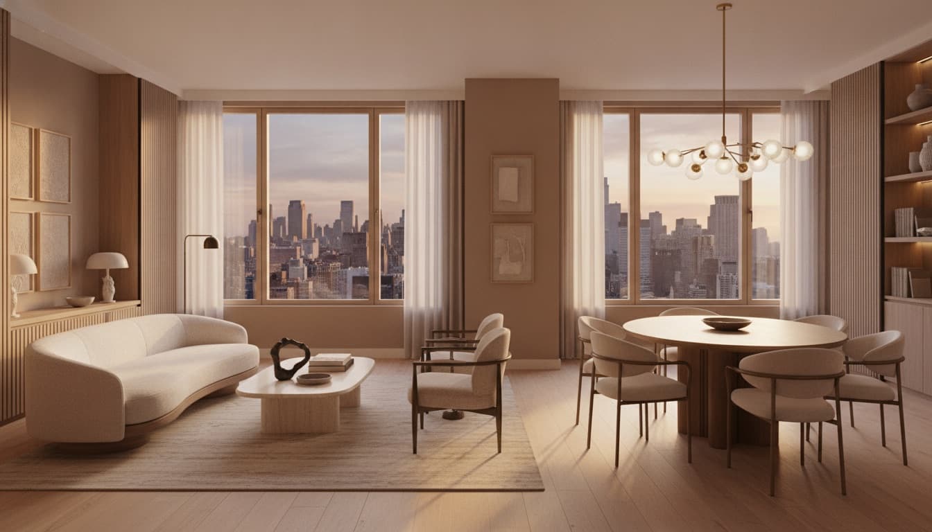 Elegantly staged luxury Manhattan apartment interior with a city skyline view