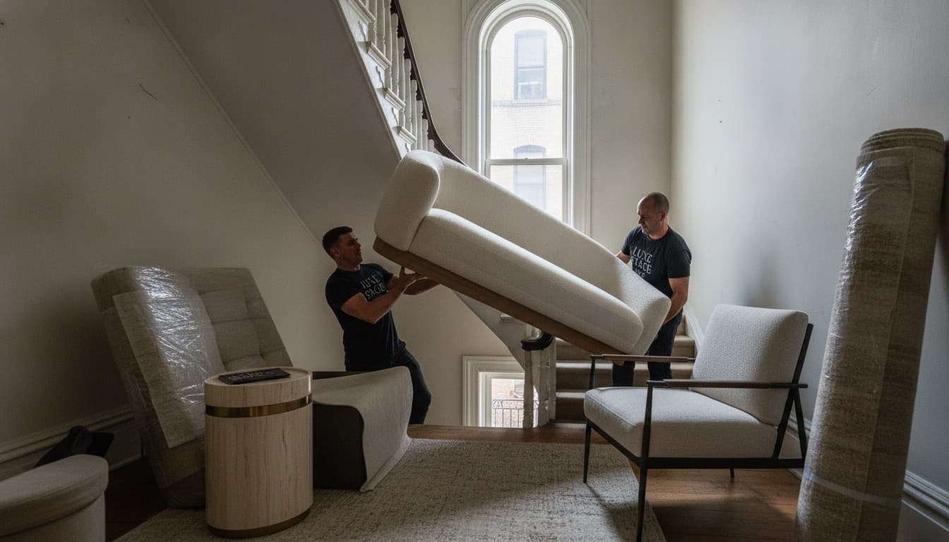 Movers carrying furniture up the narrow stairs of a NYC brownstone, showing the cost of physical staging
